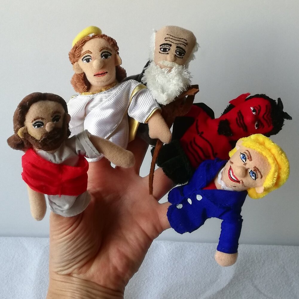 Unemployed Philosophers Finger Puppet Jesus Angel Hillary Clinton Darwin & devil